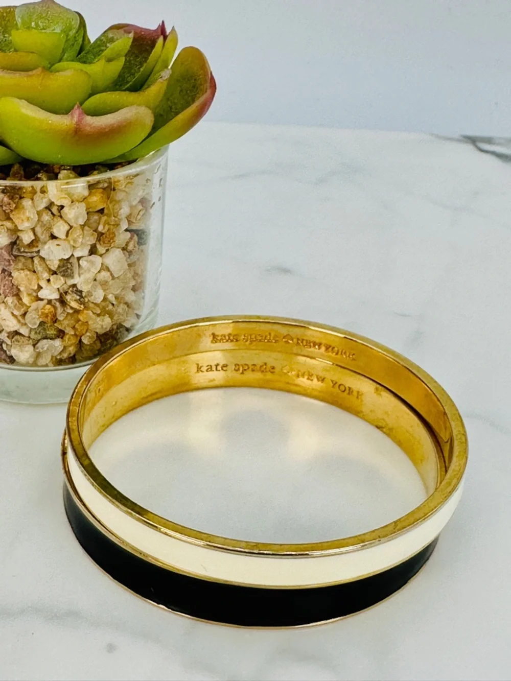 KATE SPADE Gold Tone Bangle Bracelet Set with Black and Cream Enamel 7 3/4” 8” - Picture 3 of 10
